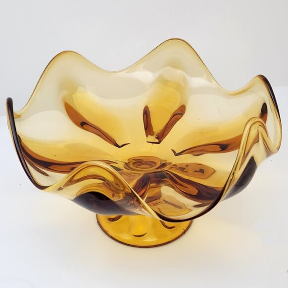 Viking EPIC, Six Petal, Pressed Glass, Amber, Pedestal Fruit Bowl, 9" Diameter - Picture 6 of 11